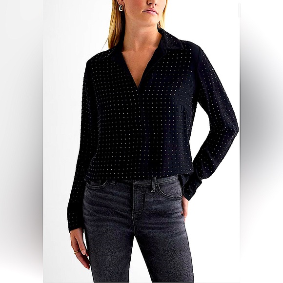 EXPRESS Black on Black Rhinestone Studded Collared Portofino Shirt Small - Picture 1 of 13